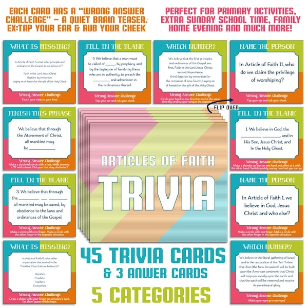 45 Articles Of Faith Trivia Cards with Wrong Answer Brain Teaser - Primary Activity, Family Home Evening, Sacrament Bag