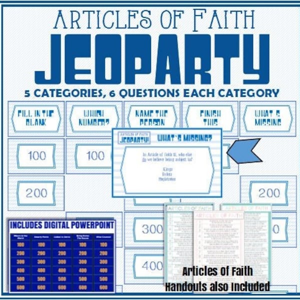 The Articles of Faith "Jeoparty" and Handout. Paper AND PowerPoint Version Included! Latter Day Saint Activity Days, FHE, Youth Activity