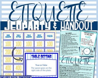 Etiquette "Jeoparty", Lesson Materials/Handout, & Invitation. "Jeoparty" Paper and PowerPoint Version Included. Children and Youth Activity
