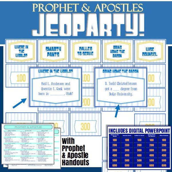 Prophet & Apostles "Jeoparty" and Handouts. Paper + PowerPoint Version Included! Latter Day Saint Activity Days, FHE, KIDS + Youth Activity