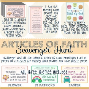 Articles of Faith Scavenger Hunt - Primary Activity - St Patrick's Day, Easter, Spring Themes - Easy Prep and Fun Latter Day Saint Activity