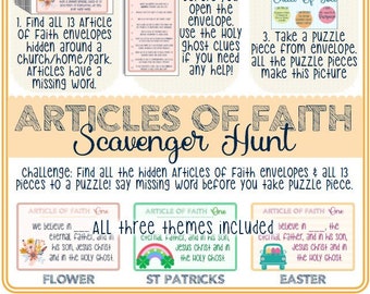 Articles of Faith Scavenger Hunt - Primary Activity - St Patrick's Day, Easter, Spring Themes - Easy Prep and Fun Latter Day Saint Activity