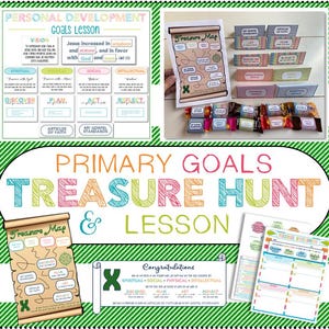 May include: A colorful printable treasure hunt game for primary school children. The game includes a treasure map, a goal lesson, and a congratulations card. The game is designed to help children learn about personal development and goal setting.