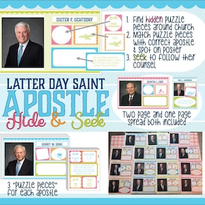May include: A Latter Day Saint Apostle Hide & Seek game with images of church leaders and puzzle pieces. The game includes instructions to find puzzle pieces and match them to the correct apostle on a poster.
