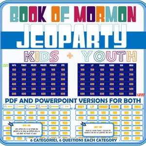 Book Of Mormon &quot;Jeoparty&quot;  - Book Of Mormon Activity for Kids AND Youth. Easier questions on kids game, harder questions on youth game.