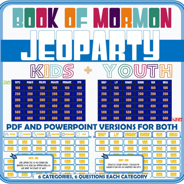 Book Of Mormon "Jeoparty"  - Book Of Mormon Activity for Kids AND Youth. Easier questions on kids game, harder questions on youth game.