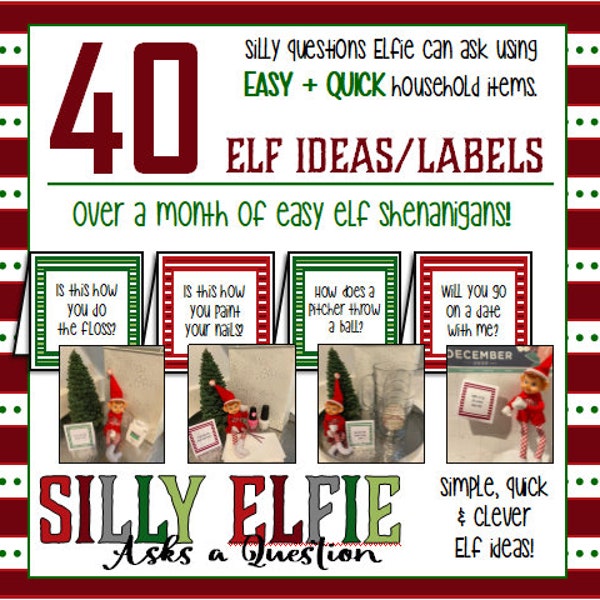 40 idées d'elfes FACILES - « Elfie idiote pose une question » - Étiquettes faciles et idiotes illustrant des articles ménagers courants avec exemples en image - téléchargement immédiat