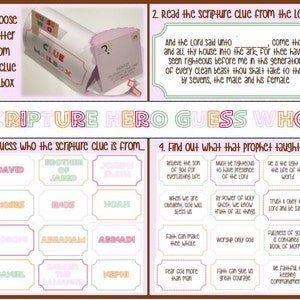 May include: A colorful printable game for kids called "Scripture Hero Guess Who?" features a mailbox with a letter inside, a grid of character names, and a grid of scripture quotes. The game is designed to help children learn about scripture heroes and their teachings.