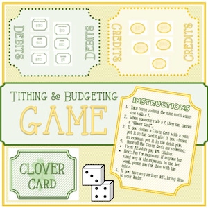 May include: A board game titled "Tithing & Budgeting Game" with instructions, dice, and cards. The game features debit and credit sections, and a "Clover Card" element. The color scheme is primarily green and yellow.