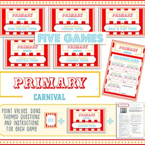 May include: A printable set of carnival game signs for a primary school event. The signs are red and white striped with a yellow border and feature the text "Primary Carnival" and the name of each game. The games include Egg Crate Toss, Tower Toss, Ball & Cup Toss, Bottle Toss, Ladder Toss, and a Scorecard. The set also includes point values, themed questions, and instructions for each game.