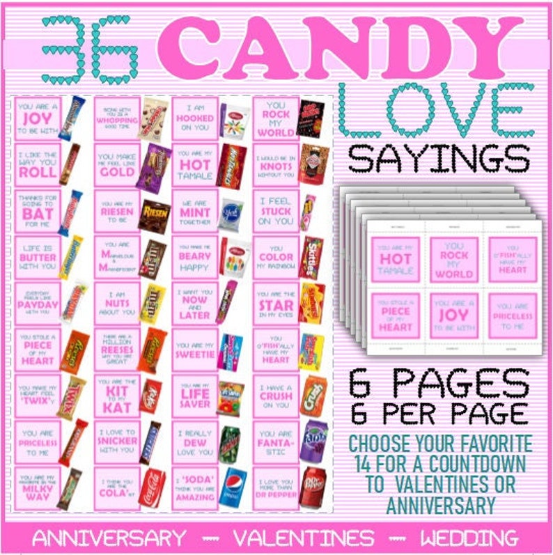 Candy Love Sayings Love sayings that match candy Valentines Gifts, Anniversary Gift Idea, Countdown to Wedding etc. Digital Download image 1
