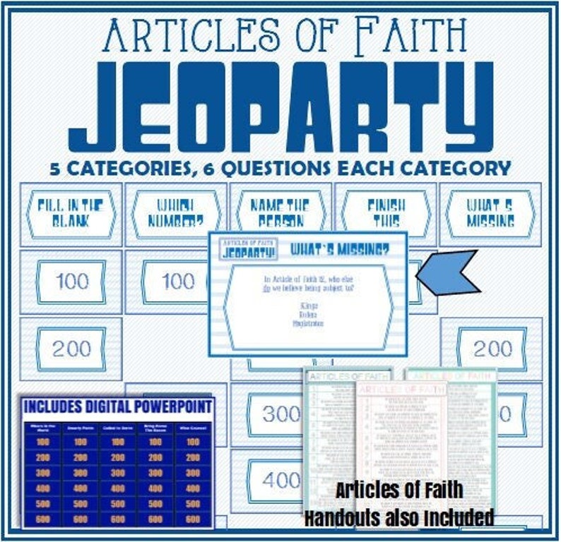 The Articles of Faith Jeoparty and Handout. Paper AND PowerPoint Version Included Latter Day Saint Activity Days, FHE, Youth Activity image 1