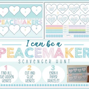 Könnte beinhalten: Ein farbenfrohes, bedruckbares Aktivitätsblatt mit dem Text "I can be a PEACEMAKER SCAVENGER HUNT". Das Design umfasst Herzformen, Textfelder und ein Papierarmband. Die Farbpalette umfasst Blau, Rosa, Gelb und Grün.