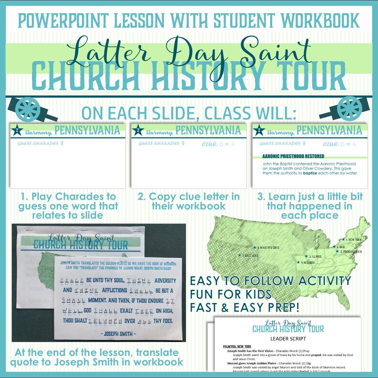 Latter Day Saint Church History Tour PowerPoint & Workbook with Charades - Doctrine and Covenants - Primary Activity, Family Home Evening...