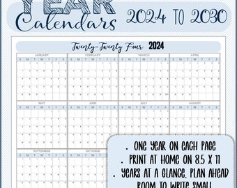 Year Calendar On One Page - 2024-2030 (7 Years) - Standard Sheet - Space to write small