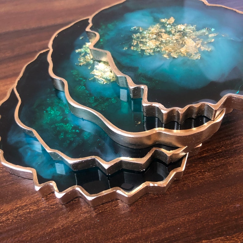 gold green blue Resin geode coasters agate slice rock resin crystal gold flake