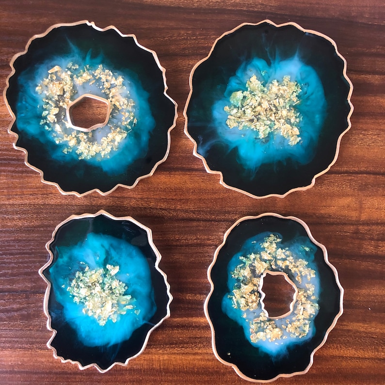 gold green blue Resin geode coasters agate slice rock resin crystal gold flake