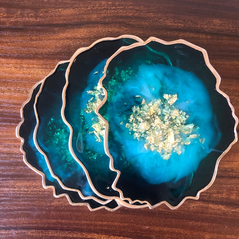 gold green blue Resin geode coasters agate slice rock resin crystal gold flake