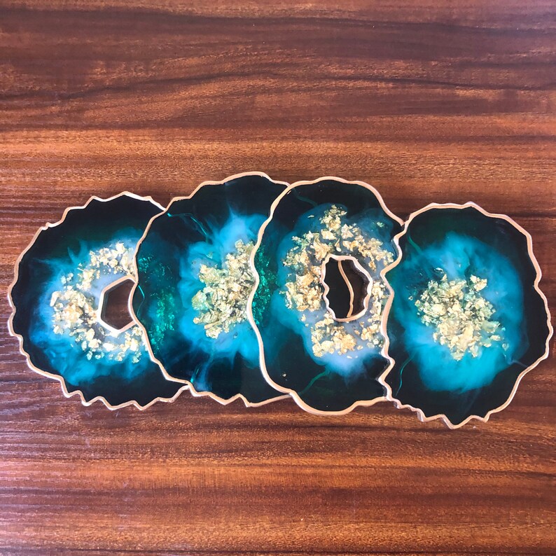 gold green blue Resin geode coasters agate slice rock resin crystal gold flake