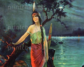 American Native INDIAN WOMAN in Moonlight NEW Giclee Art Print from Antique Image Moonligh on Lake Canoe Forest from  printchateau