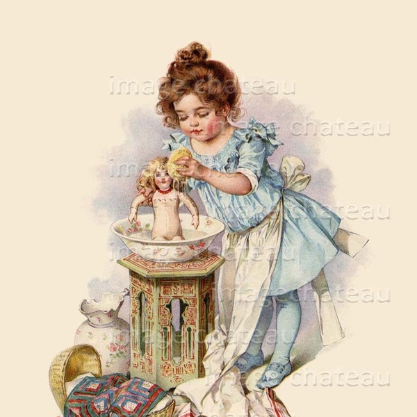 MAUD HUMPHREY Little Girl Giving Doll a Bath NEW Giclee Art Print Edwardian Child in Blue Playing Mother Print for Framing printchateau