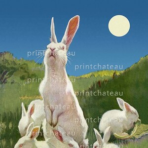 May include: A white rabbit with long ears stands in a field of green grass with four smaller white rabbits. The moon is visible in the sky.