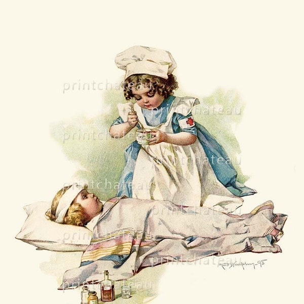 Children PLAYING NURSE and Patient by Maud Humphrey NEW Giclee Print Boy Girl Red Cross Bandages Uniform from Vintage Image Child Room Art