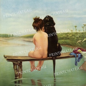 May include: A young child and a black dog sit on a wooden dock overlooking a lake. The child is wearing a white bathing suit and has their back to the viewer. The dog is sitting next to the child, also facing away from the viewer. The lake is a light blue color and the sky is a light blue with some white clouds.