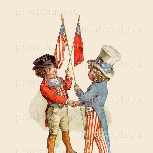PATRIOTIC United States England UK NEW Giclee by Maud Humphrey Cute Patriotic Children American Flag Union Jack Making Friends