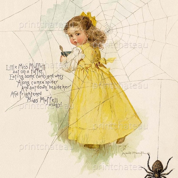 Little MISS MUFFET by Maud Humphrey NEW Giclee Art Print Nursery Rhyme Big Spider and Web Pretty Child from printchateau