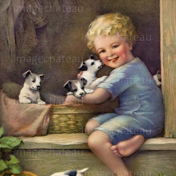 BOY Puppies NEW GICLEE Art Print Little Child Playing with Cute Dogs by Annie Benson Muller Vintage Image Children's Room