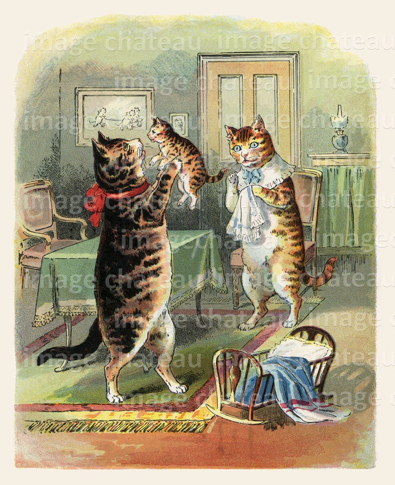 Mother And Father Cats With Baby Kitten Victorian Era New Image 0