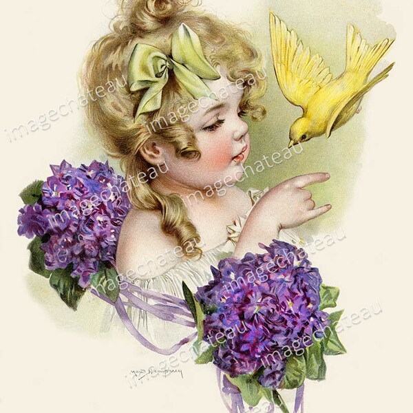 Little Girl Maud Humphrey NEW GICLEE Art Print CANARY Bird Violet Flowers Long Curls Green Bow Edwardian Child to Frame