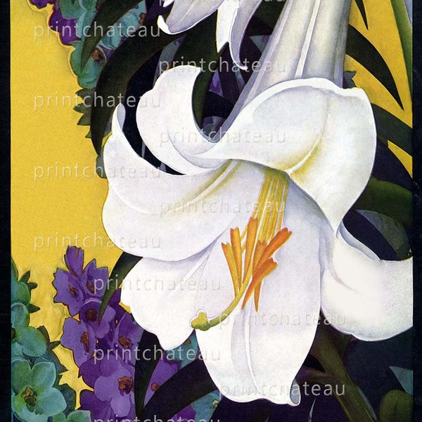 White LILY Flower New GICLEE Art Print Purple Blooms Cottage Chic Floral Garden Great for Framing Printchateau