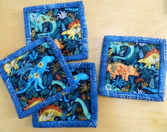 Quilted Coaster "Dinos", small mug rug. Protect Furniture, reusable, 4.5 inch sq small quilt, every coaster is unique.