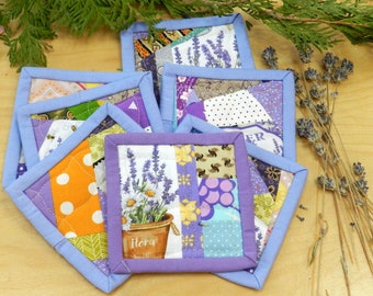 Quilted Scrappy Coaster "Lavender Flowers", small mug rug. Small quilt, every coaster is unique. Handmade. reusable, eco friendly