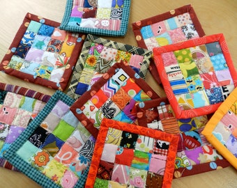 Mystery Box, 2 units of Scrappy Quilted Coasters, small mug rug. Small quilt, each contains 16 different fabrics.