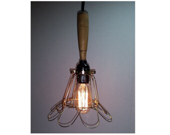 Industrial Style Pendant Light Wood Handle and Cage 11' cord & plug See Options Can Customize