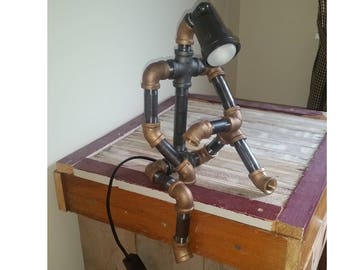 Pipe Robot Lamp Black and Brass Pipe Light Father's Day GIFT Steampunk Desk Lamp Dad Grandpa Gift Dorm Room Lamp Unique Gift Made in USA!