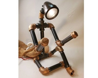 New Larger Reader Robot Lamp Father's Day Gift Steampunk Art Black Brass Pipe Professor Writer PhD Graduation Christmas Gift Handmade in USA