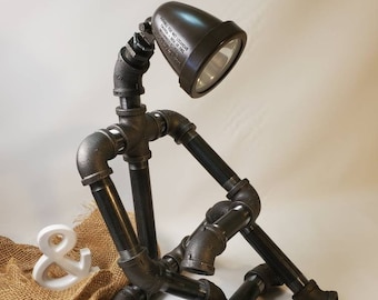 Larger Pipe Robot Lamp Steampunk Industrial Black Pipe Desk Light Professor Writer PhD Graduation Father's Day Gift Handmade in the USA