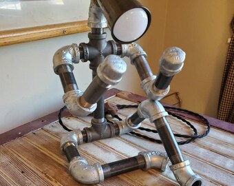 Robot Lamp Desk Pipe Light Steampunk Black and Silver Pipe Mancave Dad, Grandpa, Stepdad Father's Day Gift for Writers, Professor Made in US