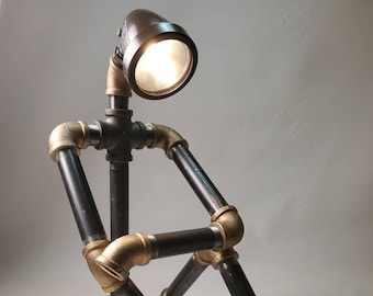 New! Larger Thinker Robot Lamp Father's Day Gift Steampunk Art Black Brass Pipe College Dorm Retirement Birthday Gift Handmade in USA