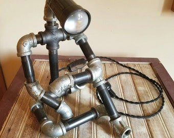 Robot Lamp Modern Industrial Pipe Light Steampunk Art Black and Silver Desk Lamp Graduation Dad Grandpa Father's Day Gift Handmade in the US