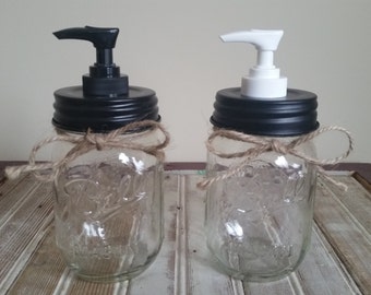 Mason Jar Soap Pump Dispenser Rustic Black Lid Plastic Soap Pump Blue, Green or Clear Jar  ~ Bathroom Decor / Kitchen Dish Soap Dispenser