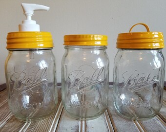 Marigold Yellow Mason Jar Soap Pump Lid Set for Bathroom 3 Lids Soap Toothbrush Storage New Spring Colors