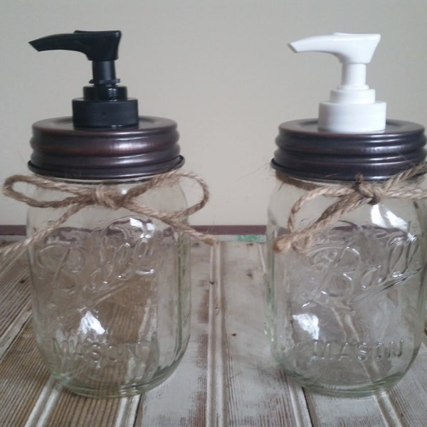 Mason Jar Soap Pump Dispenser Bronze / Copper Lid Plastic Soap Pump Blue, Green or Clear Jar ~ Bathroom Decor / Kitchen Dish Soap Dispenser