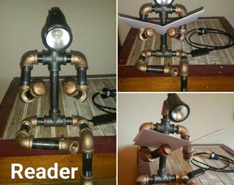 Pipe Robot Lamp Desk Pipe Light Steampunk Art Black and Brass Pipe Mancave Dad Grandpa Graduation Dorm Lamp Writers, Professor, PhD USA!