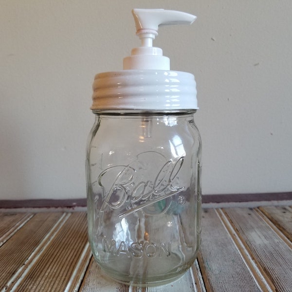 Mason Jar Soap Dispenser White Lid and Plastic Pump Country Decor  ~ Bathroom Decor / Kitchen Dish Soap Dispenser