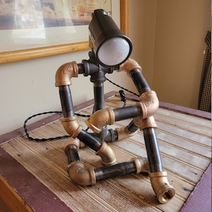Robot Lamp The Original Thinker Black and Brass Pipe Desk Light Father&#39;s Day Mancave Unique Gift Dad Grandpa Graduation Author PhD USA
